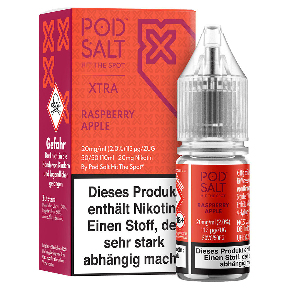 Pod Salt Flasche neben roter Packung mit Aufschrift "Raspberry Apple" und Hinweisen zu Nikotininhalt und Warnungen für Kinder und Jugendliche