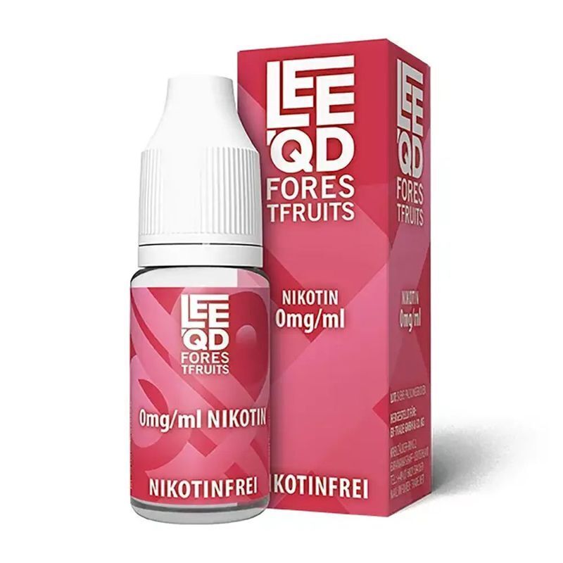 Liquid Fruits Forest Fruits - Leeqd Leeqd Liquid Fruits Forest Fruits, nikotinfrei, 0mg/ml, in rosa Flasche und Karton mit weißer Verschlusskappe, Produkttexte klar sichtbar.