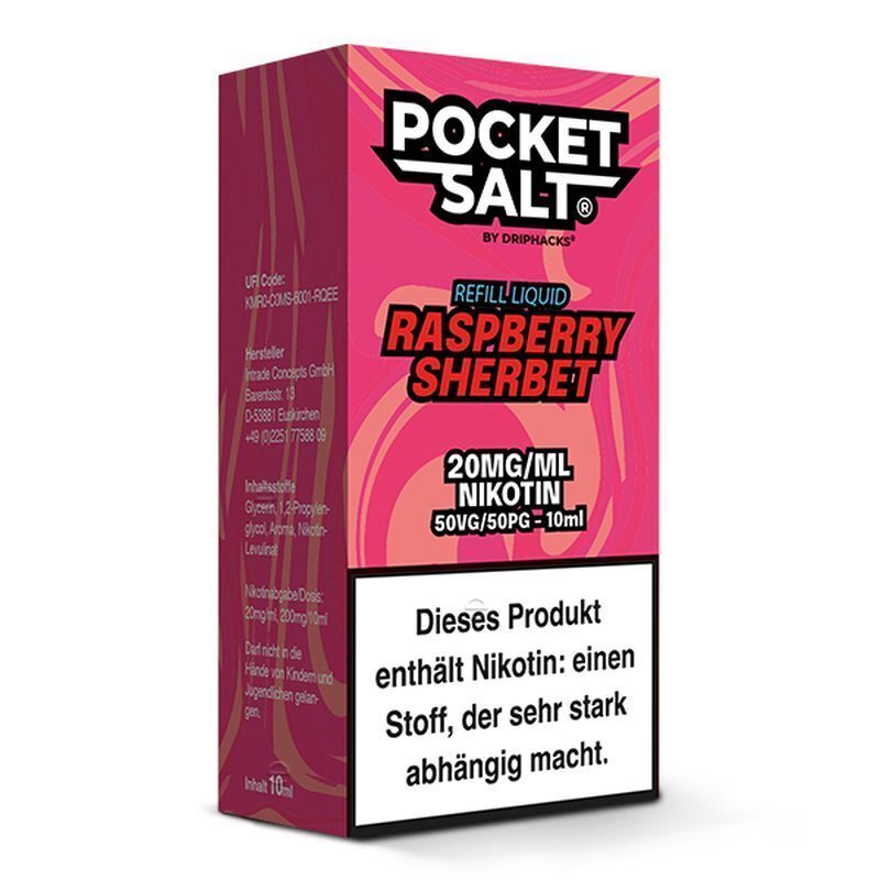 Verpackung von Pocket Salt Raspberry Sherbet Nikotinsalz mit 20mg Nikotin, pinkes Design und Warnhinweis zur Abhängigkeit auf der Vorderseite.