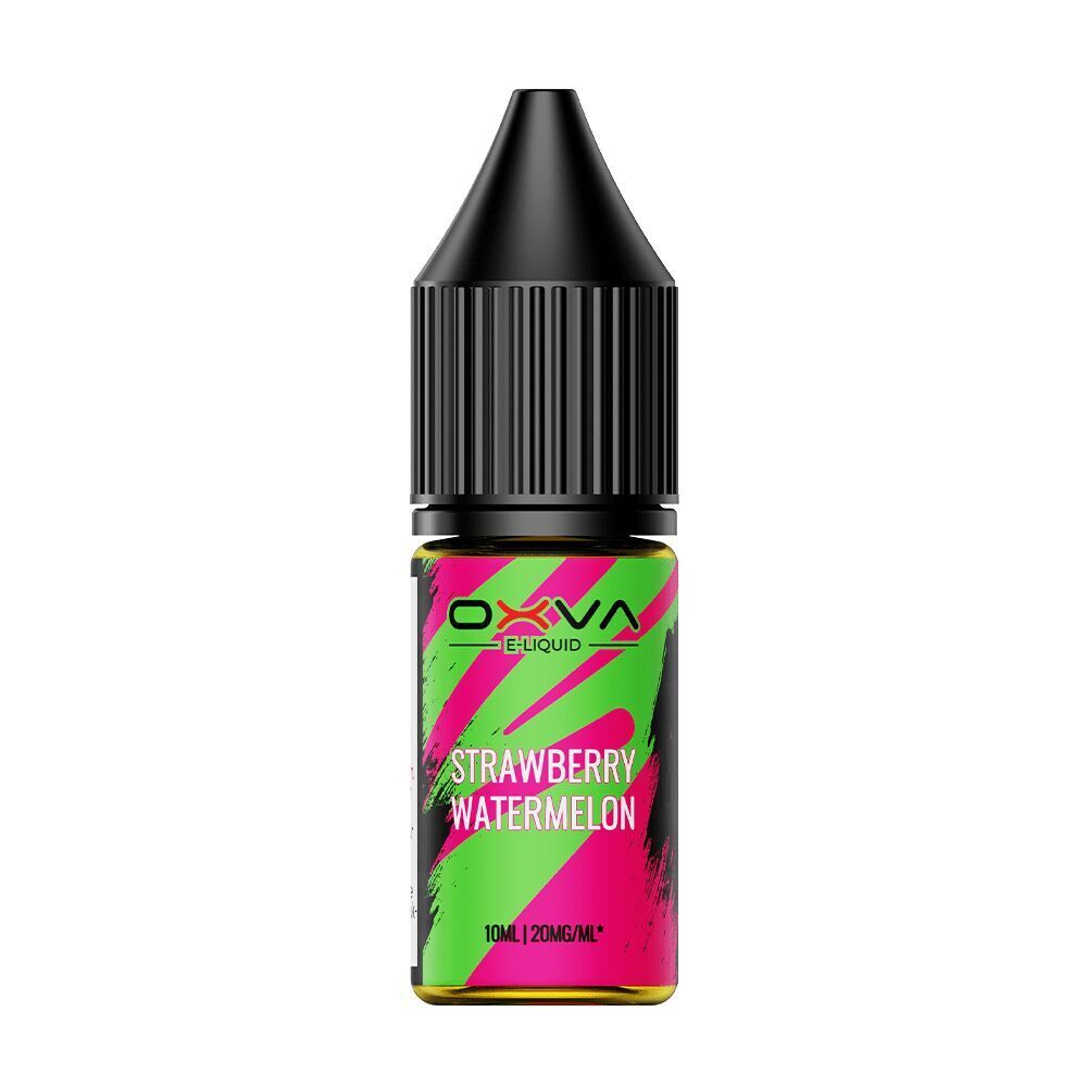 Oxva Nikotinsalz Strawberry Watermelon 20mg Flasche mit schwarzem Verschluss, pink-grünem Etikett und sichtbarem Text "10ml 20mg/ml".