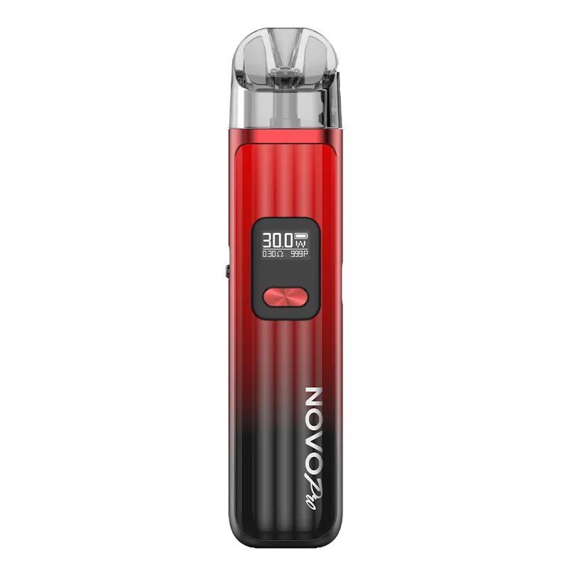 Smok Novo Pro Pod Kit in der Farbe Red Black Smok Novo Pro Pod Kit in Rot-Schwarz mit digitalem Display und Schriftzug "NOVO Pro", zeigt Einstellungen und Batterieladung an.