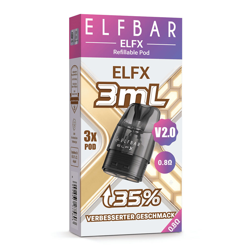EFX704_2 Verpackung der Elfbar Elfx V2.0 3ml Pods, zeigt 3 Pods mit 0,8 Ohm, Hinweis auf verbesserten Geschmack um 35 Prozent, in Gold und Lila gestaltet