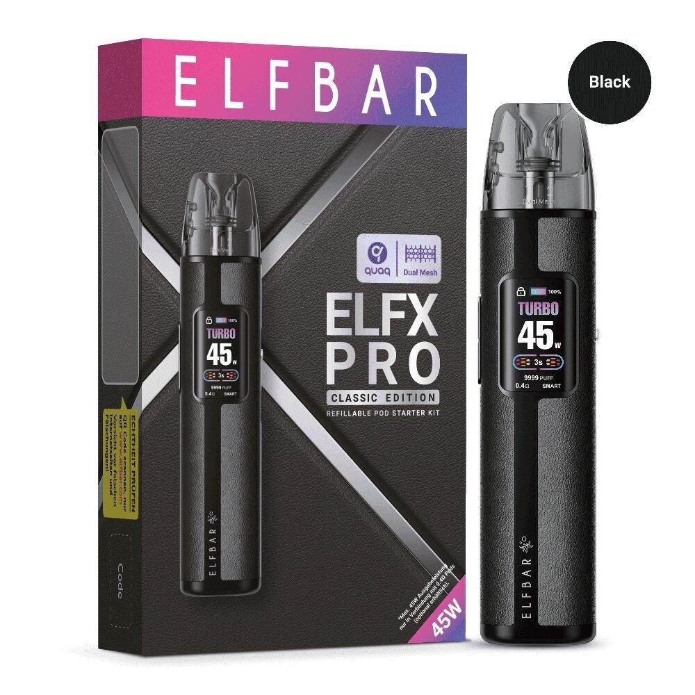 Elfbar Elfx Pro Pod Kit in Schwarz und Verpackung, Display zeigt 45W Turbo-Modus an, auf der Box steht "Refillable Pro Starter Kit".