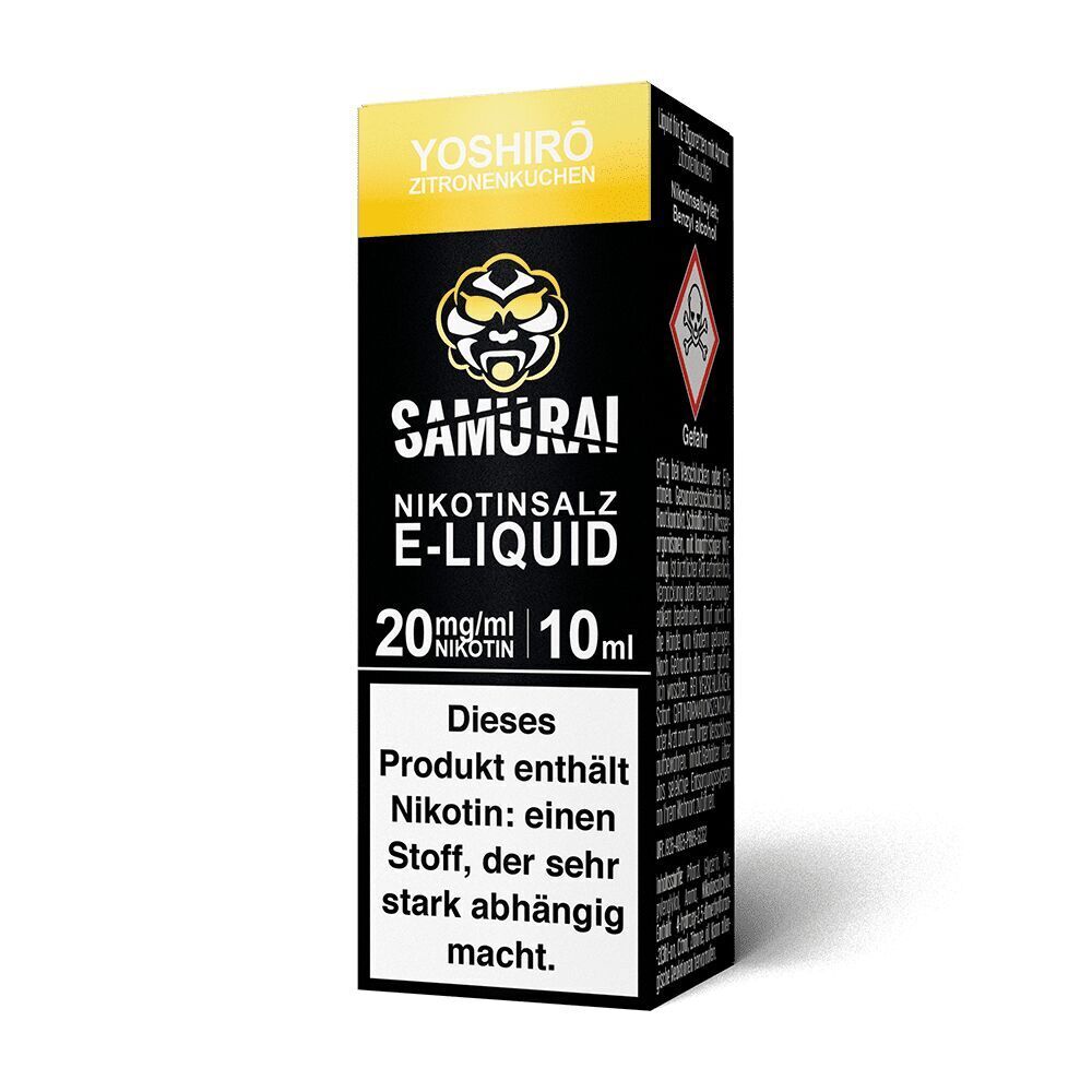 Liquid Yoshiro Zitronenkuchen 20mg - Samurai Schwarze Verpackung von Samurai Nikotinsalz Yoshiro Zitronenkuchen, 20mg/ml, 10ml, mit Warnhinweis auf Nikotinsucht und gelbem Etikett.