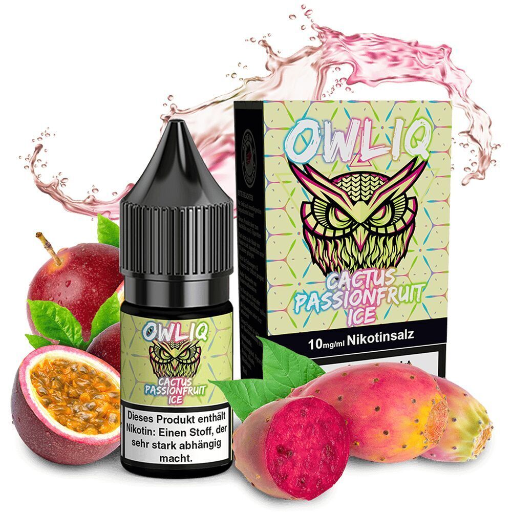 Owliq Nikotinsalz - Cactus Passionsfrucht Ice Flasche und Verpackung von Owliq Nikotinsalz Cactus Passionsfrucht Ice 10mg mit Abbildung einer Eule, umgeben von Kaktus und Passionsfrucht.