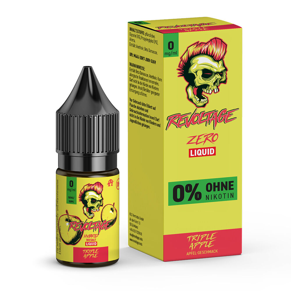Revoltage Hybrid Liquid - Triple Apple Flasche und Verpackung von Revoltage Hybrid Liquid Triple Apple 0mg, auffälliges Branding mit Totenkopf und Äpfeln, 0% Nikotin.