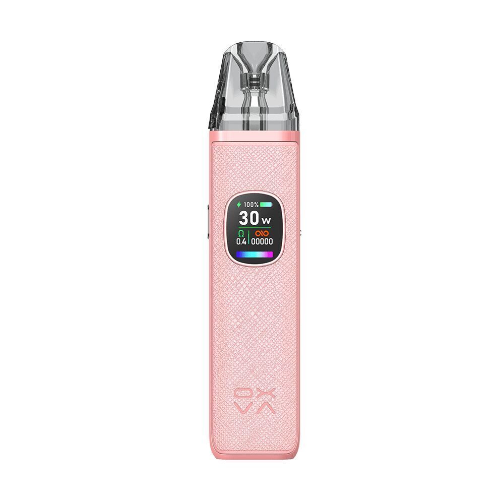 Oxva Xlim Pro 2 Pod Kit in der Farbe Coral Pink Oxva Xlim Pro 2 Pod Kit in Coral Pink mit strukturierter Oberfläche, digitalem Display bei 30W, und aufgedrucktem Logo.