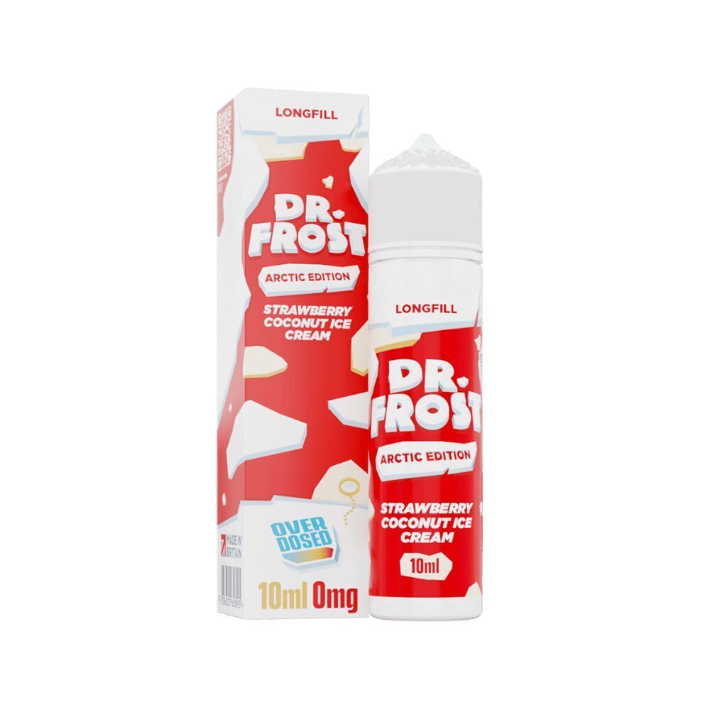 Aroma Strawberry Coconut Ice Cream - Dr. Frost Dr. Frost Arctic Edition Flasche mit Aufschrift Strawberry Coconut Ice Cream vor passender Verpackung, 10ml, 0mg Nikotin.