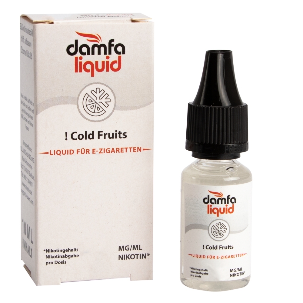 Verpackung und Flasche Damfaliquid Liquid Cold Fruits für E-Zigaretten, 10 ml, 12 mg Nikotin, mit sichtbarem Markenlogo.