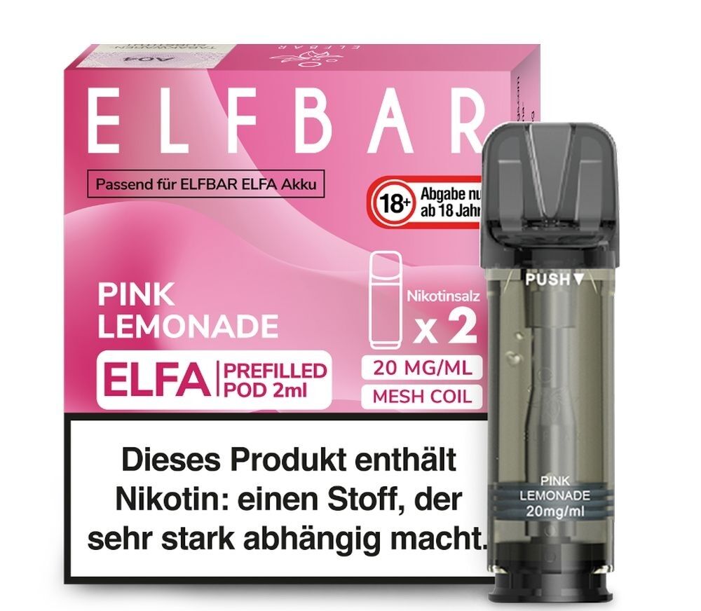 Pink Lemonade Elfa Pods von Elfbar 20mg Elfbar ELFA Pods Pink Lemonade 20mg Verpackung mit Pod, Warnhinweis zu Nikotin, Abgabehinweis ab 18 Jahren, Nikotinsalz x2.