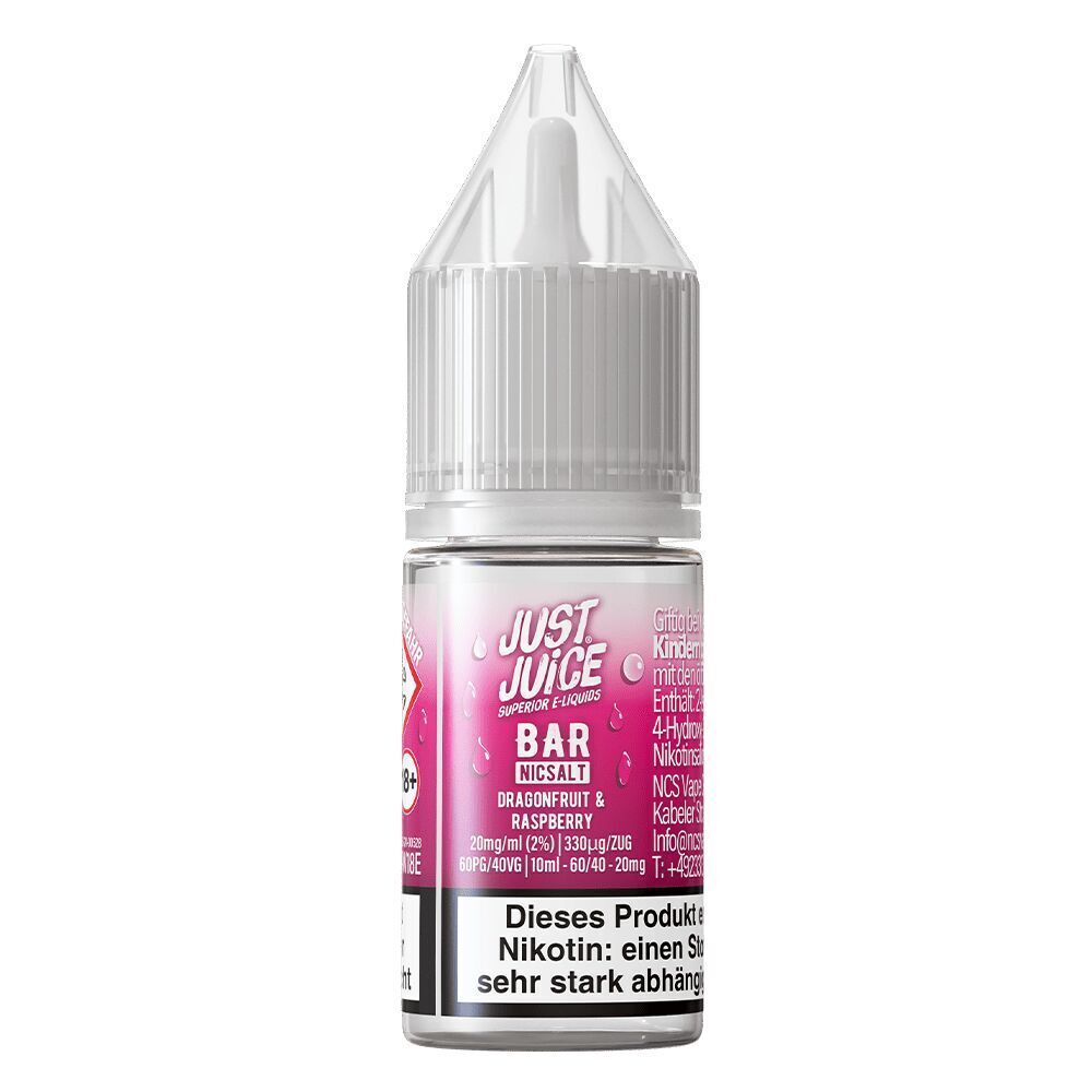 Liquid Dragonfruit & Raspberry 20mg - Just Juice E-Liquid-Flasche mit Just Juice-Label, Geschmacksrichtung Drachenfrucht und Himbeere, 20mg Nikotinsalz, pinkes Design