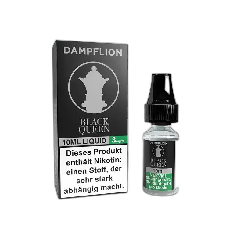 Dampflion Nikotinsalz - Black Queen 3mg Dampflion Black Queen Nikotinsalz 3mg, 10ml E-Liquid-Flasche und Schachtel mit Warnhinweis über Nikotinsucht.