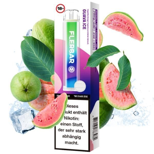 Guava Ice mit 20mg Nikotin Flerbar E-Shisha Flerbar Guava Ice E-Zigarette mit 20mg Nikotin, grüne und geschnittene Guaven, Eiswürfel und große 18+ Warnung