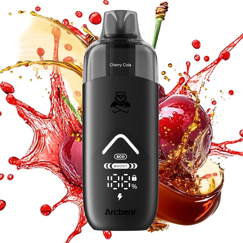 Arcbear Pro 15000 Set - Cherry Cola Ice 20mg Arcbear Pro 15000 Set Cherry Cola Ice Vape mit schwarzem Gehäuse, Display und Spritzern von roter Flüssigkeit und Kirsche im Hintergrund