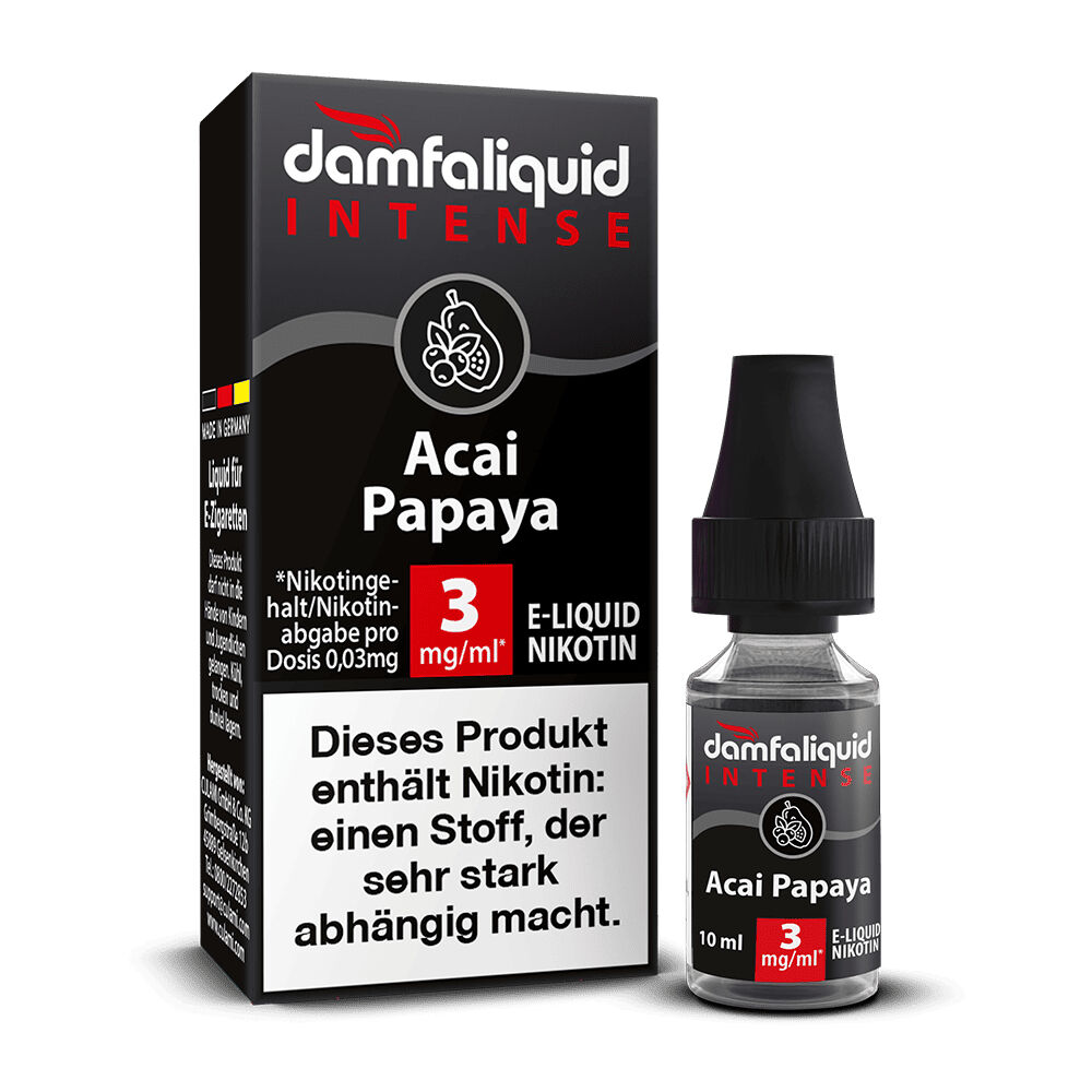 Schwarze Verpackung und Flasche von Damfaliquid Intense Liquid, Geschmack Acai Papaya, 3 mg/ml Nikotin, Warnhinweis: Nikotin macht abhängig.
