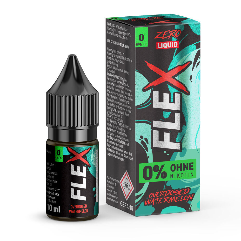 Flasche und Verpackung des Revoltage Flex Liquid Watermelon 0mg mit Aufschrift „0% ohne Nikotin“ und Grafik in türkis-schwarzem Design.