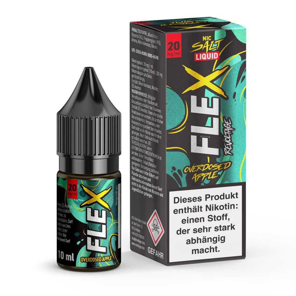 Revoltage Flex Nikotinsalz Vape-Flasche und Verpackung mit Apfelmotiv, 20 mg/ml, Warnhinweis auf Abhängigkeit auf der Schachtel.