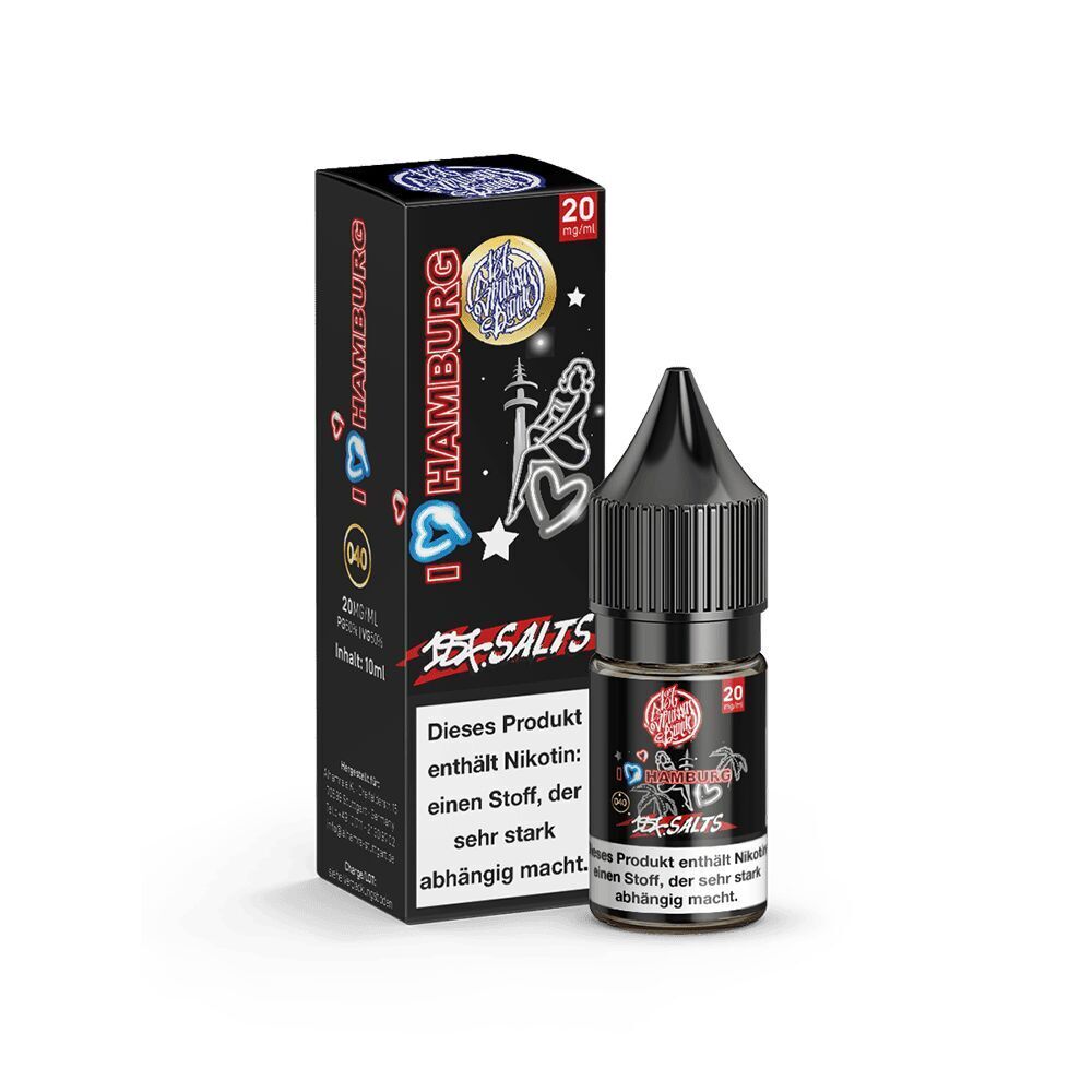 187 Strassenbande Liquid - I Love Hamburg 20mg E-Liquid-Flasche mit 187 Strassenbande Branding und 20 mg/ml Nikotin, neben einer Verpackung mit "I Love Hamburg" Design und Warnhinweis.