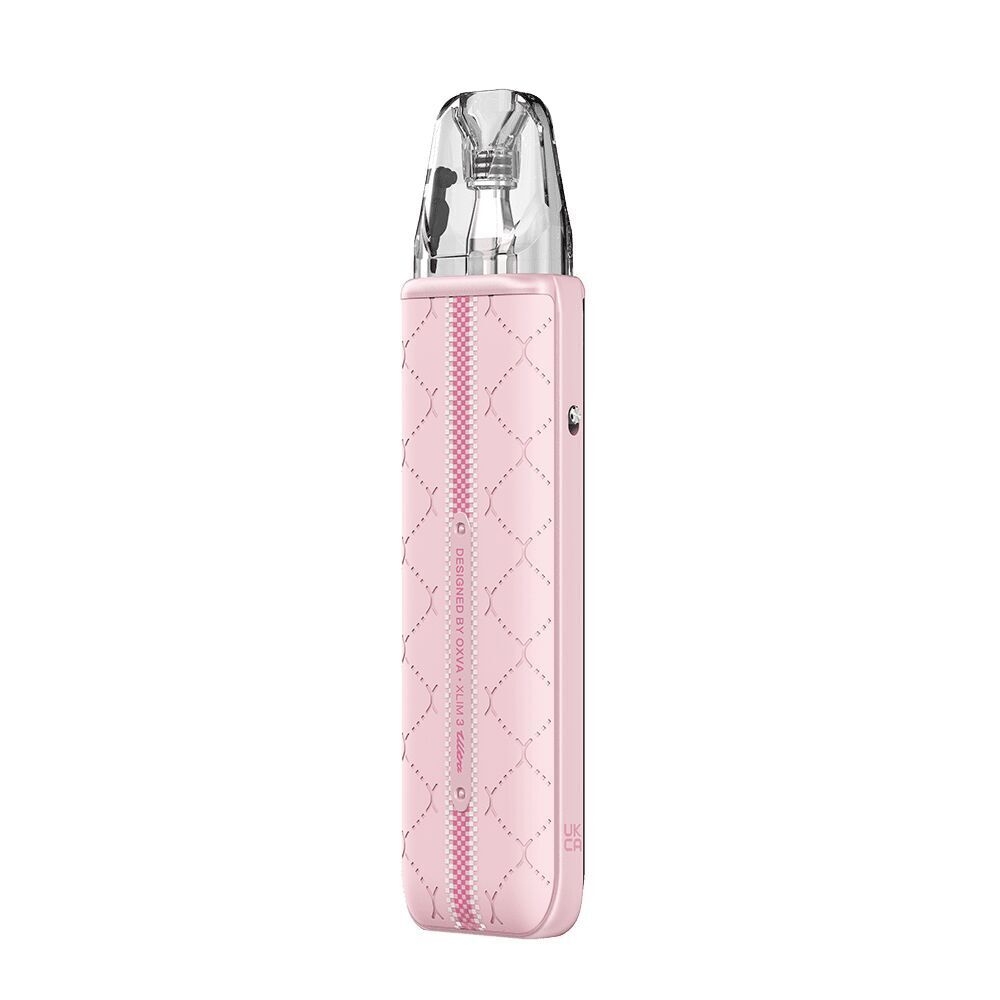 Oxva Xlim 3 Ultra Pod Kit - Cherry Pink Oxva Xlim 3 Ultra Pod Kit in Cherry Pink mit rautenförmigem Muster und transparentem Mundstück.