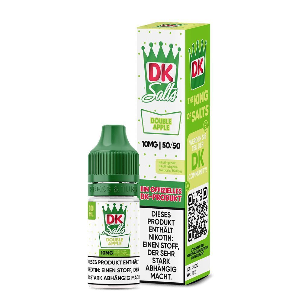 Liquid Double Apple 10mg - DK Salts DK Salts Nikotinsalz Double Apple Flasche vor grünem Karton, 10mg Nikotin, Verpackung mit Kronensymbol und Warnhinweis.
