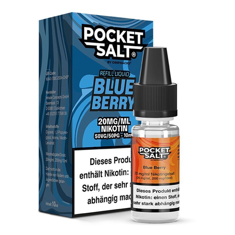 Flasche und Verpackung von Pocket Salt Nikotinsalz Blueberry 20mg, blauer Karton, Sicherheitskappe, Warnhinweise auf beiden Produkten.