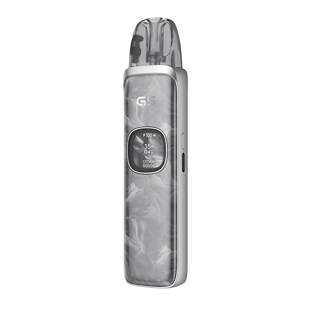 Uwell Caliburn G5 Pod Kit - Silver Marble Uwell Caliburn G5 Pod Kit in Silber mit marmorierter Optik und sichtbarem Display, das Ladezustand und Leistung anzeigt