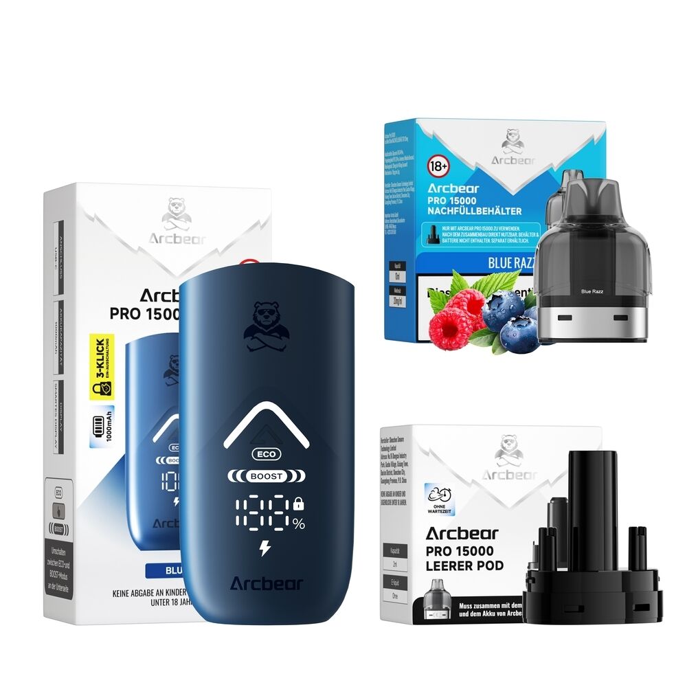Arcbear Pro 15000 Set mit blauem Gehäuse, digitaler Anzeige und Verpackungen für Blue Razz 20mg Nachfüllbehälter und leerem Pod