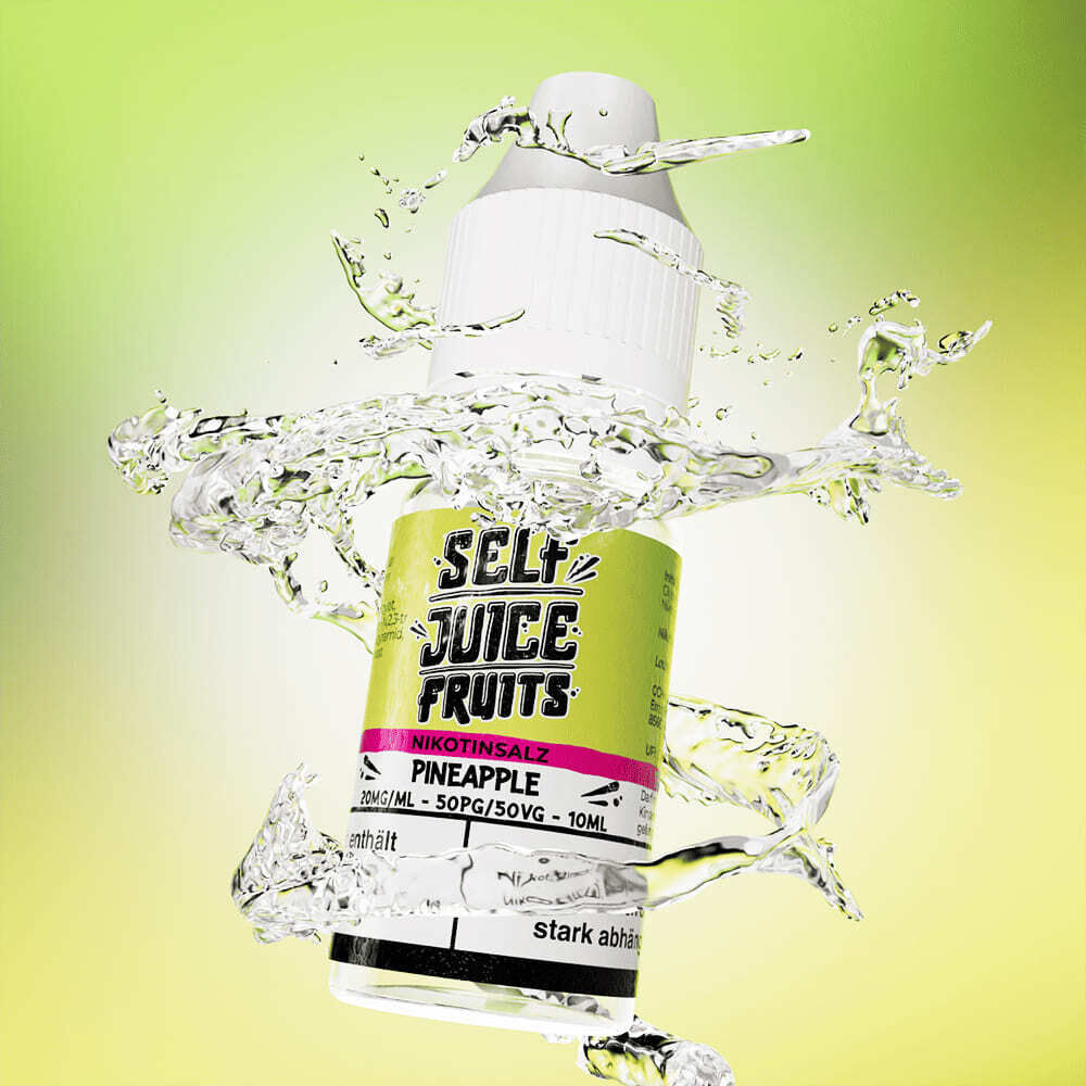 Liquid Pineapple Ice von Self Juice Gelbes Fläschchen mit weißem Deckel und schwarzem Text "Self Juice Fruits Nikotinsalz Pineapple" vor spritzendem Wasser.