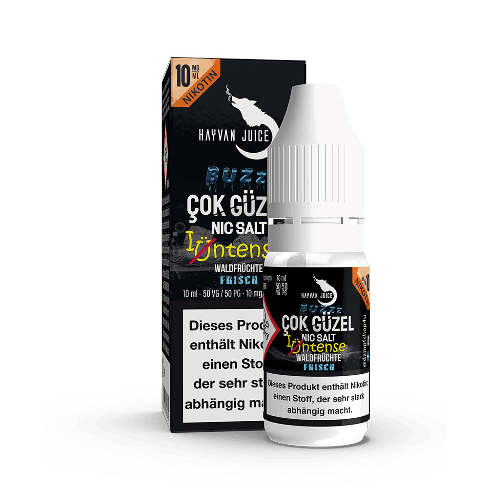 Hayvan Juice Nikotinsalz - Cok Güzel 10mg Hayvan Juice Intense Nikotinsalz Cok Güzel 10 mg/ml, Flasche mit Verpackung, Waldfrüchte-Geschmack, enthält Nikotin und Warnhinweis.