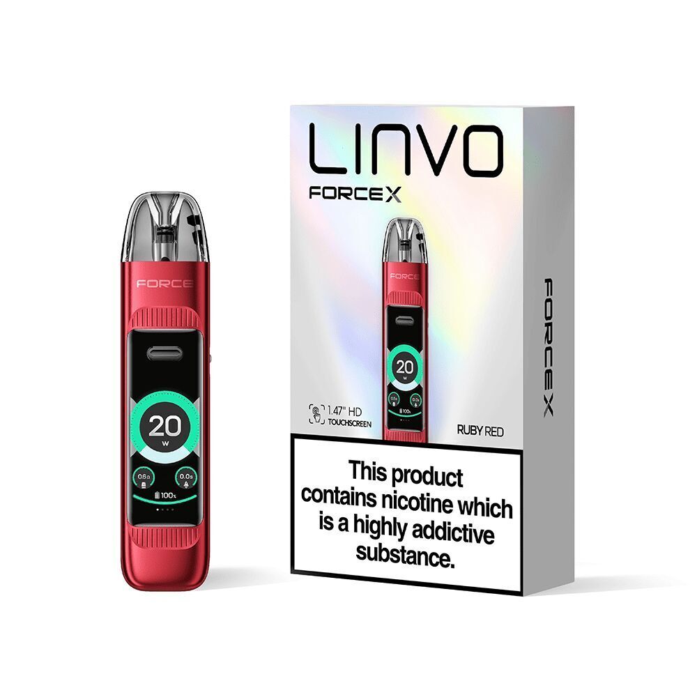 Linvo Force X Pod Kit in Ruby Red mit 1,47" HD Touchscreen, Anzeige von 20 W und Nikotinwarnung auf der Verpackung.