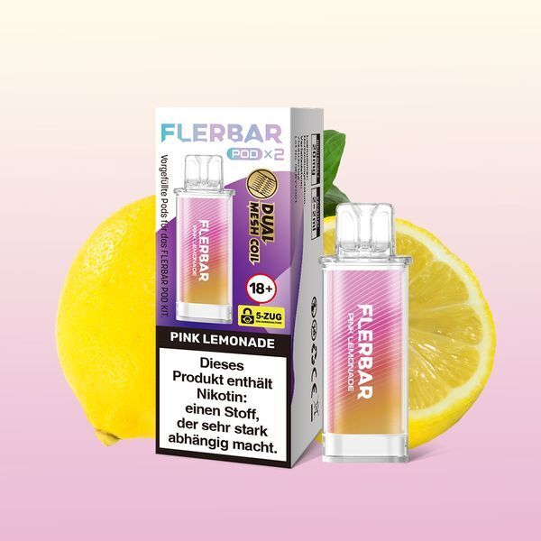 Pink Lemonade 20mg - Flerbar Pods Flerbar Pods Pink Lemonade 20mg, Verpackung und Pod mit gelbem und rosa Farbverlauf, ganze und halbe Zitrone im Hintergrund