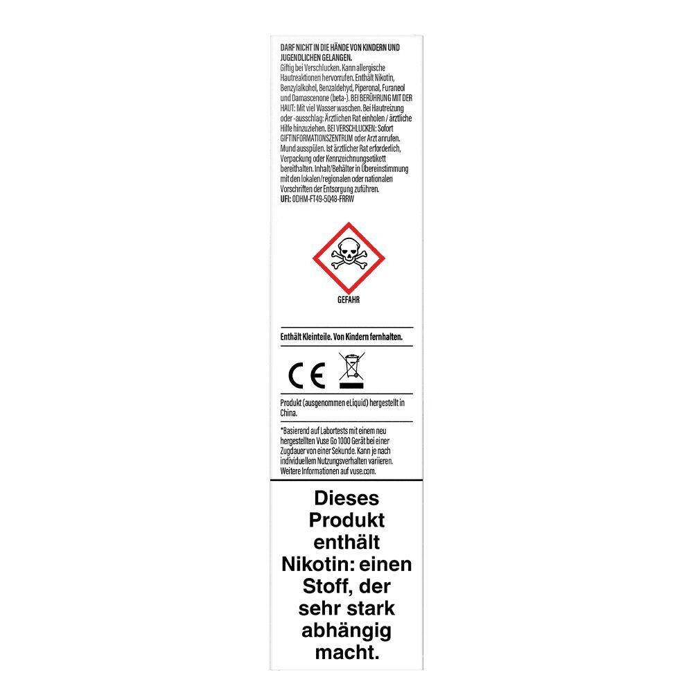 Dark Cherry 20mg - Vuse GO 1000 Einweg Verpackung des Vuse GO 1000 - Dark Cherry 20mg mit Warnhinweis-Symbol, Text zur Nikotinsucht und Herstellerinformationen.
