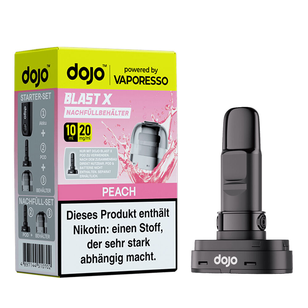 Vaporesso Dojo Blast X Pods - Peach 20mg Vaporesso Dojo Blast X Peach 20mg Pod und Verpackung, mit Logo und Nikotinwarnung, 10ml Anzeige auf der Box.