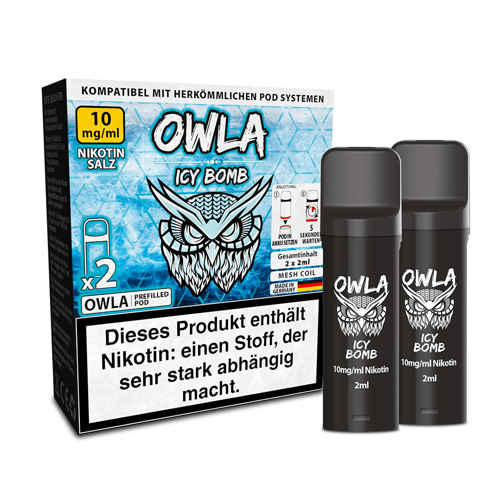 Owla Pods - Icy Bomb 10mg Owla Pods - Icy Bomb 10mg Nikotin, zwei schwarze Pods neben bunter Verpackung mit Eulenlogo und Hinweis: Enthält Nikotin, macht abhängig.