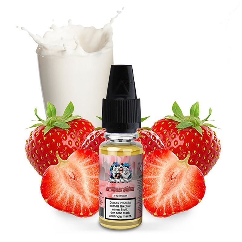 Liquid Erdbeerdidas mit 10mg Nikotin von Dampfdidas Flasche Dampfdidas Nikotinsalz Erdbeerdidas 10mg mit frischen Erdbeeren und einem Milchspritzer im Hintergrund.