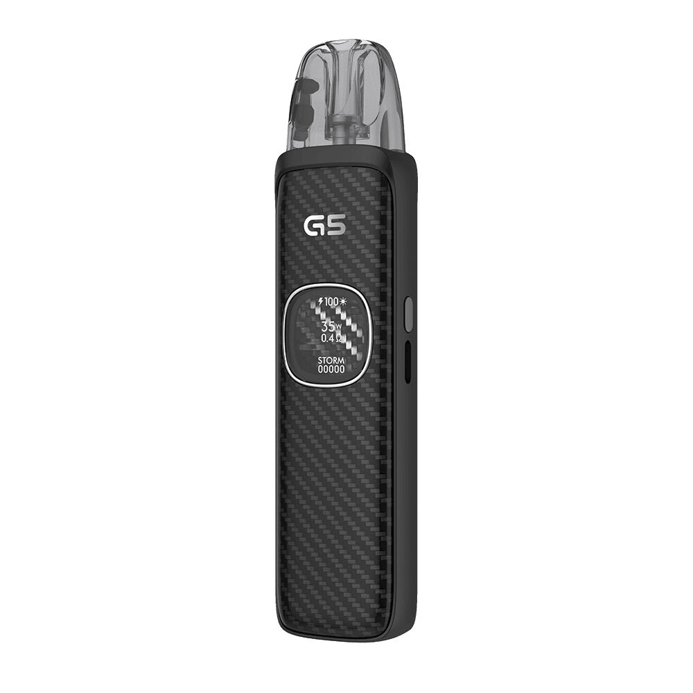 Uwell Caliburn G5 Pod Kit - Black Carbon Uwell Caliburn G5 Pod Kit in schwarzem Carbon-Design mit transparentem Mundstück, seitlichem Knopf und Anzeige mit Prozent- und Zahlenangaben