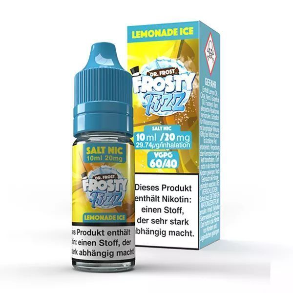 Liquid Lemonade Ice mit 20mg Nikotin von Dr. Frost Flasche Dr. Frost Nikotinsalz Lemonade Ice 20mg und passende Verpackung mit gelbem und blauem Design, Warnhinweis auf der Verpackung.