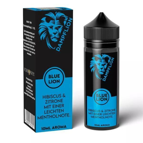 Aroma Blue Lion von Dampflion Originals Dampflion Originals Aroma Blue Lion, Flasche und Verpackung mit blauem Löwenmotiv, Aroma Hibiscus und Zitrone, leichte Mentholnote