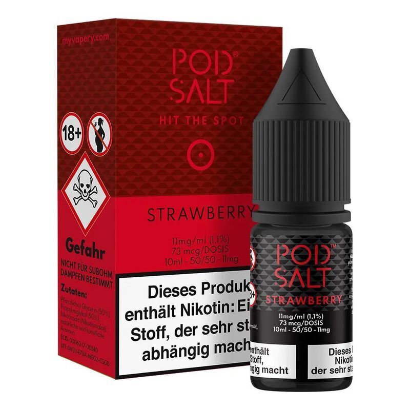 Liquid Strawberry von Pod Salt Core Pod Salt Core Nikotinsalz Strawberry zeigt eine schwarze Flasche und Verpackung mit Warnhinweisen und Nikotininformationen.