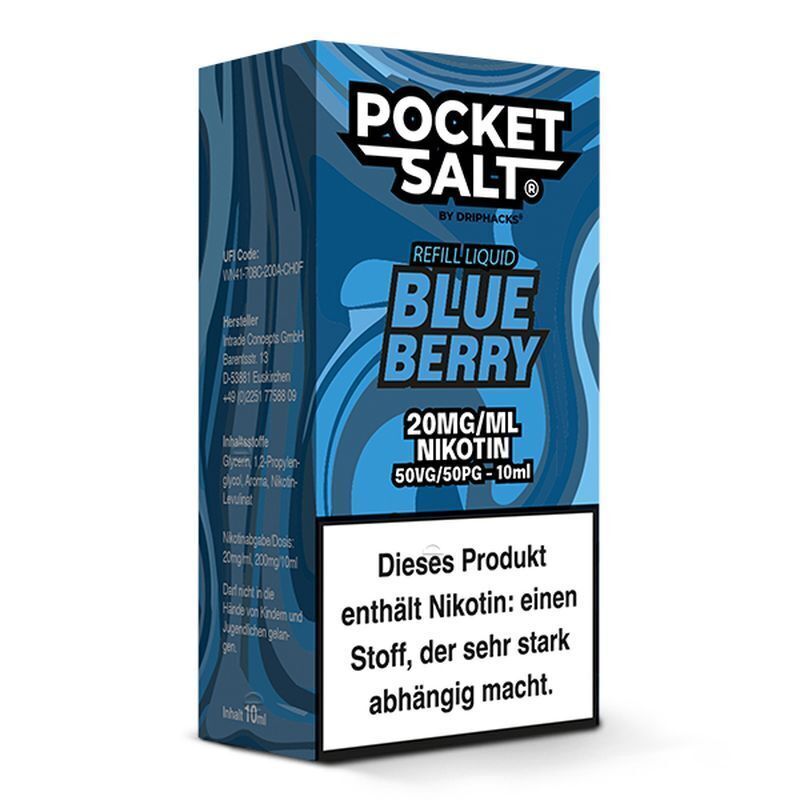 Verpackung von Pocket Salt Blueberry Nikotinsalz 20mg mit Warnhinweis, blau-mitternächtliches Design, 10ml Inhalt, 50VG/50PG Verhältnis