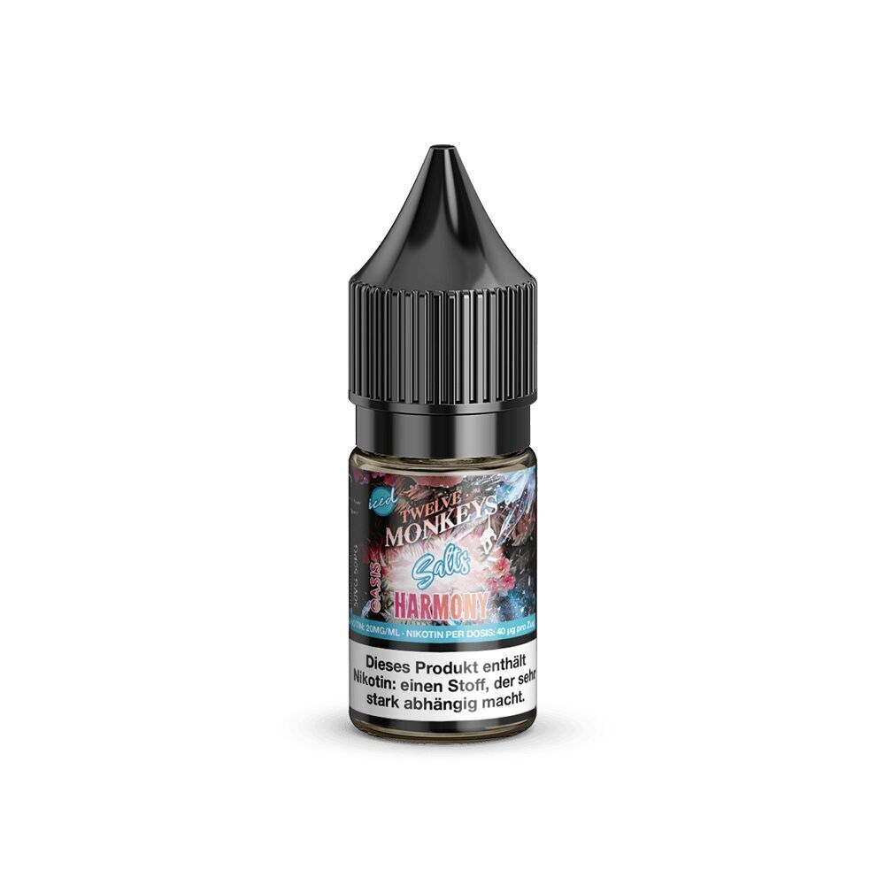Liquid Harmony 20mg - Twelve Monkeys Twelve Monkeys Nikotinsalz Harmony 20mg Flasche mit schwarzem Deckel, bunte Grafik, Warnhinweis; E-Liquid Produkt.