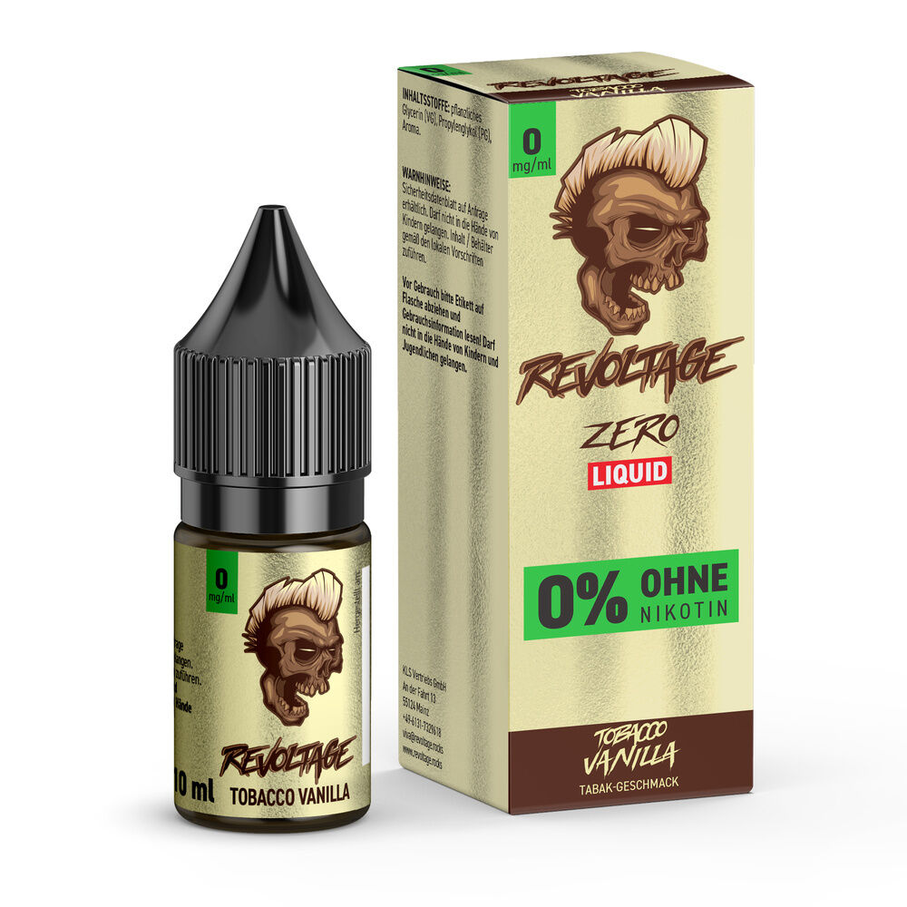 Revoltage Tobacco Hybrid Liquid - Vanilla Flasche und Verpackung von Revoltage Tobacco Vanilla Hybrid Liquid mit 0 % Nikotin, Totenkopf-Design und braunen Schriftzügen.