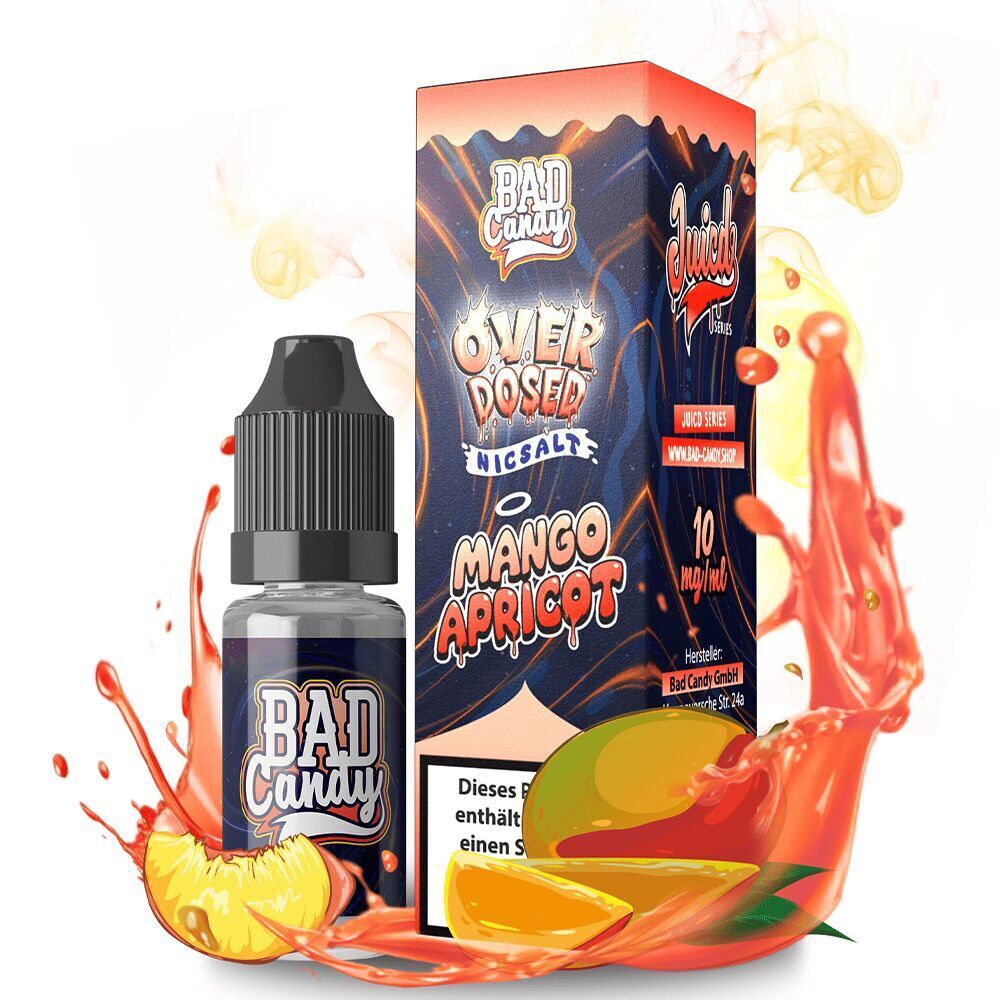 Liquid Mango Apricot 20mg - Bad Candy Overdosed Flasche und Verpackung von Bad Candy Overdosed Nicsalt Mango Apricot mit grafischem Fruchtspritzer, Haupttext in bunter Schrift.