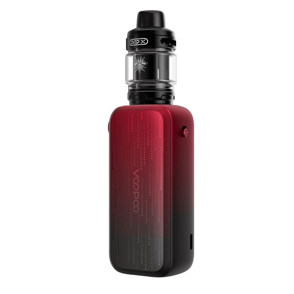 Voopoo Vinci Spark 220 Box Kit in Rot mit schwarz-transparentem Tank oben und einem sichtbaren Knopf an der Seite des Gehäuses.