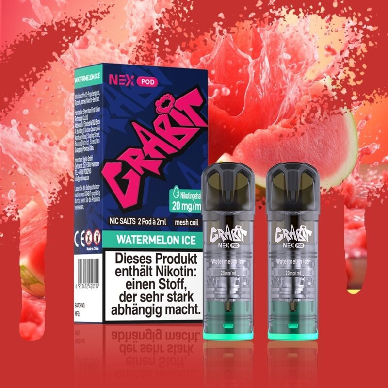 Watermelon Ice - Grabit Nex Pods Grabit Nex Pods Watermelon Ice 20mg Verpackung und zwei Pods vor einem Hintergrund mit Wassermelonen-Spritzern, Produktwarnhinweis sichtbar