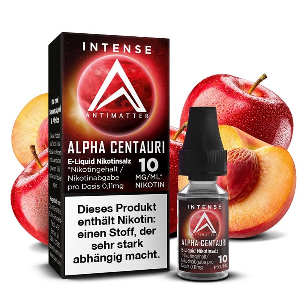 Liquid Alpha Centauri von Antimatter Intense Antimatter Intense Nikotinsalz Alpha Centauri E-Liquid-Flasche und Packung vor roten und gelben Früchten
