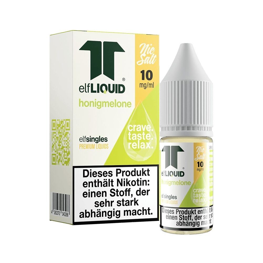 Elf Liquid Nikotinsalz Honigmelone 10mg Verpackung und Flasche mit Warntext zu Nikotinsuchtgefahr und Branding-Elementen.