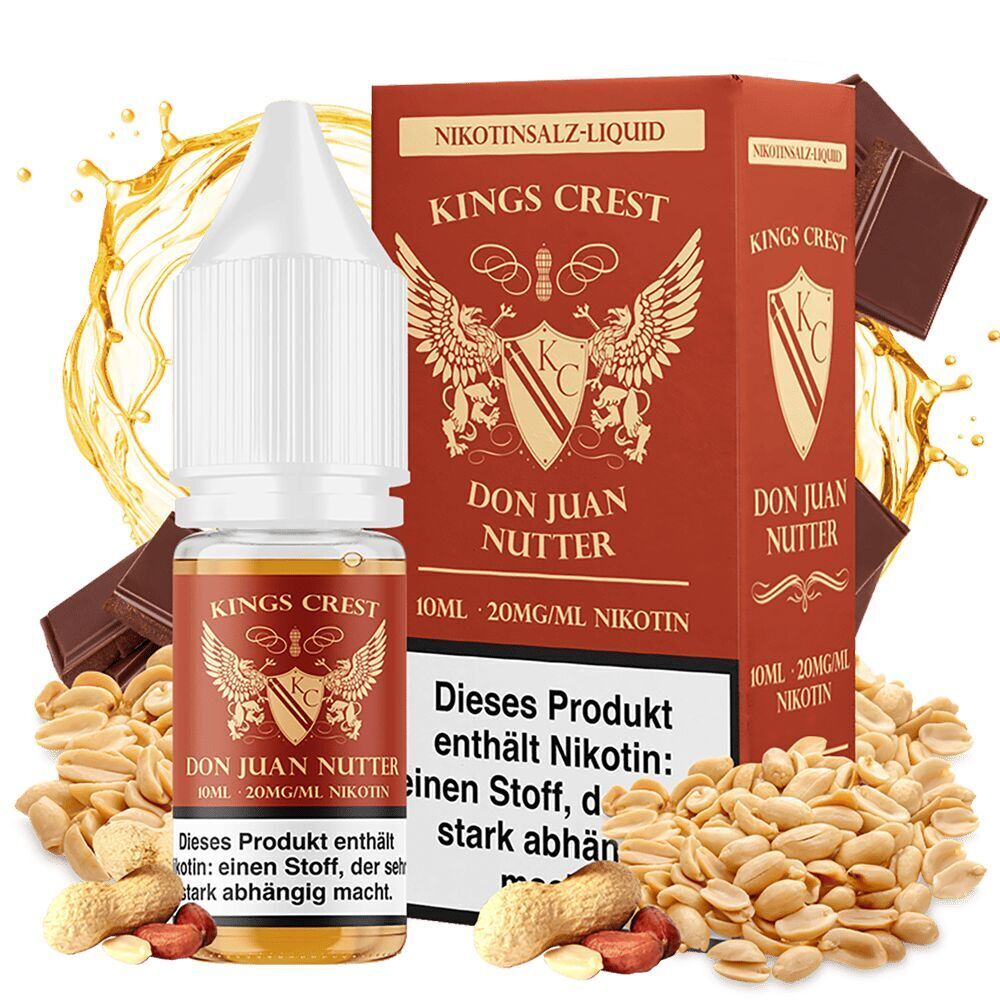 Kings Crest Nikotinsalz - Don Juan Nutter 20mg Kings Crest Nikotinsalz Don Juan Nutter 20mg Flasche und Verpackung mit Erdnüssen, Schokolade und flüssiger Textur im Hintergrund.