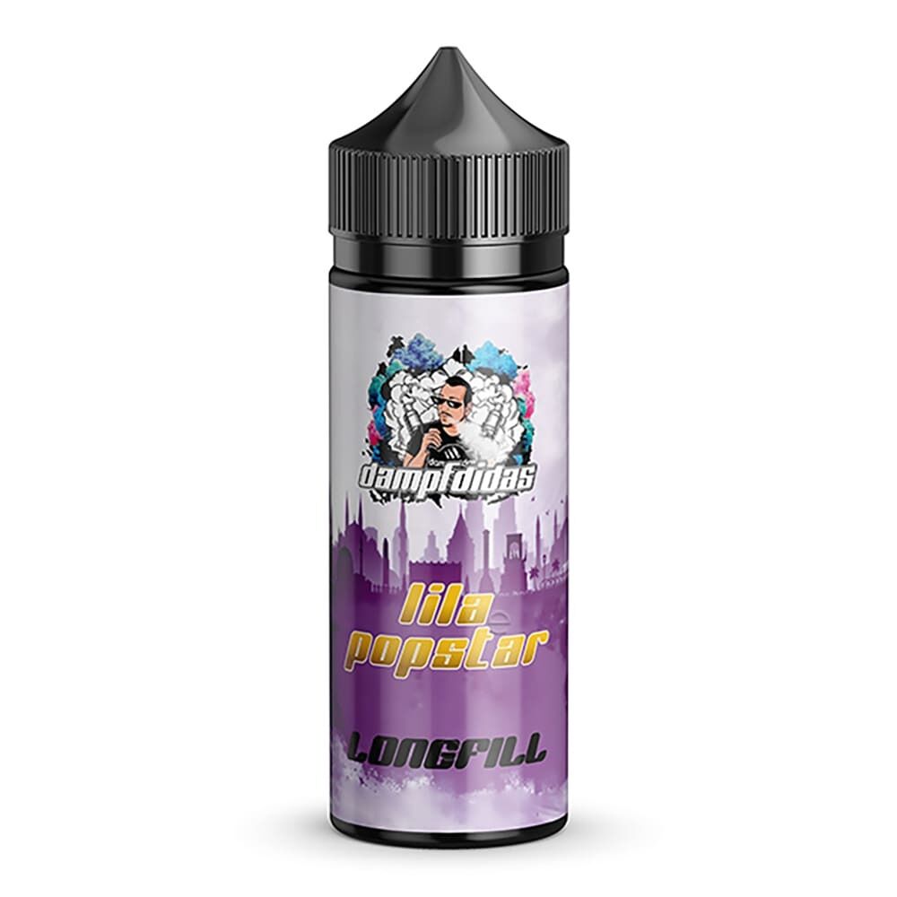 Aroma Lila Popstar - Dampfdidas Dampfdidas Aroma - Lila Popstar Longfill-Flasche mit schwarzem Deckel und Stadt-Silhouette im Hintergrund auf lila Etikett.