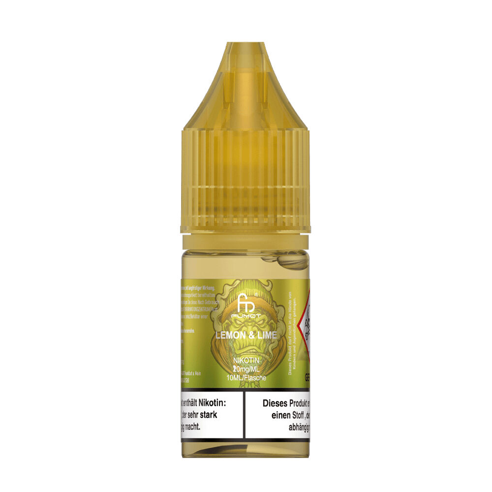 RandM Tornado Nikotinsalz Liquid mit Lemon Lime Geschmack in einer gelben Flasche, 10 mg Nikotin, 10 ml Inhalt, Warnhinweise sichtbar